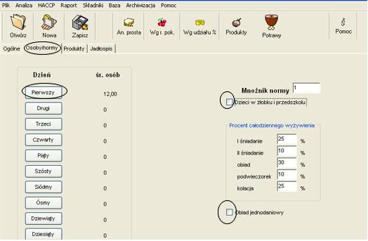 Zakładka osoby/normy - program dla dietetyka do liczenia kalorii